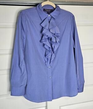 Ralph Lauren Purple Label Periwinkle Blue Ruffle Blouse Size 12 Italy NWOT